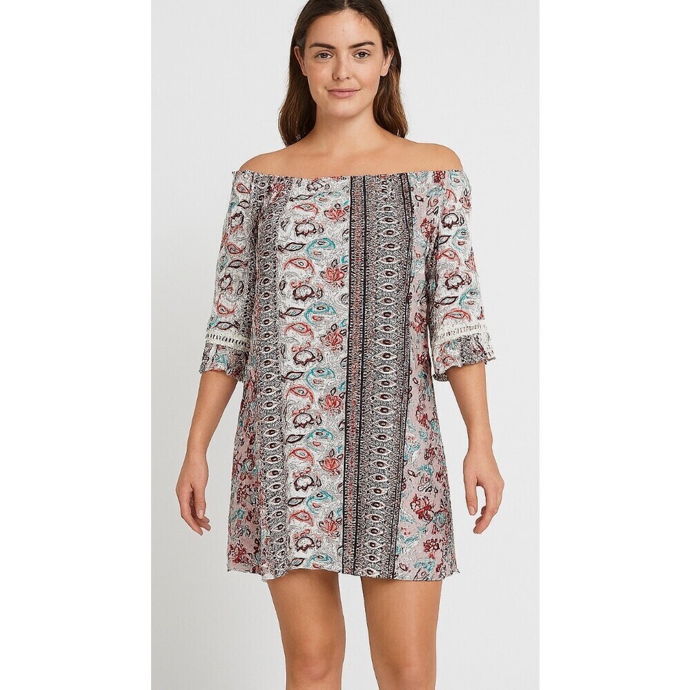 NAIF Tunic Dress coral Long sleeve V-Neck Size SM floral boxy lace neckline